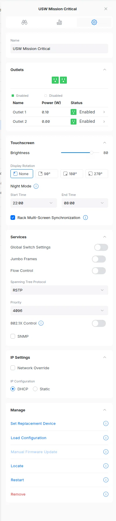 UniFi controller showing outlet status, touchscreen settings, and management options for the USW Mission Critical